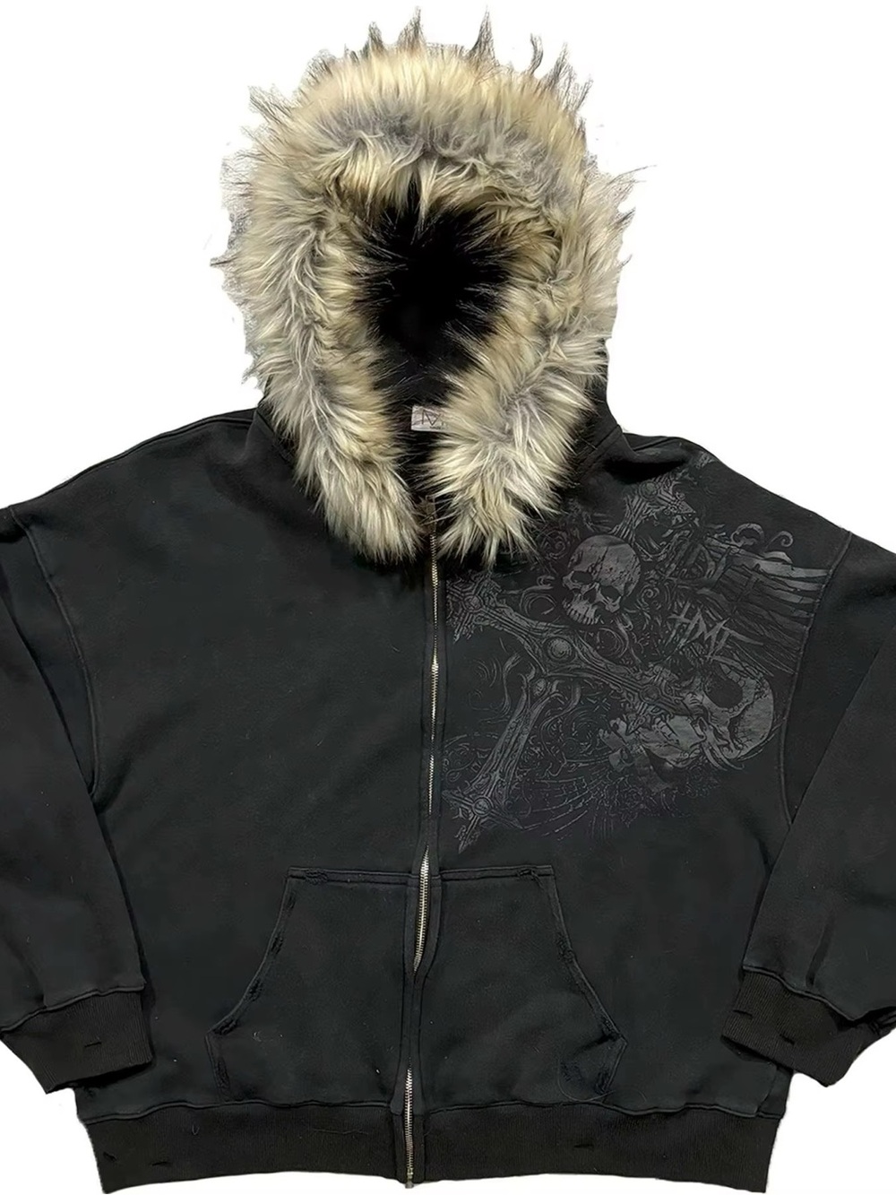 & Other Stories Black Zip-Up Hoodie with Faux Fur-Trim Hood